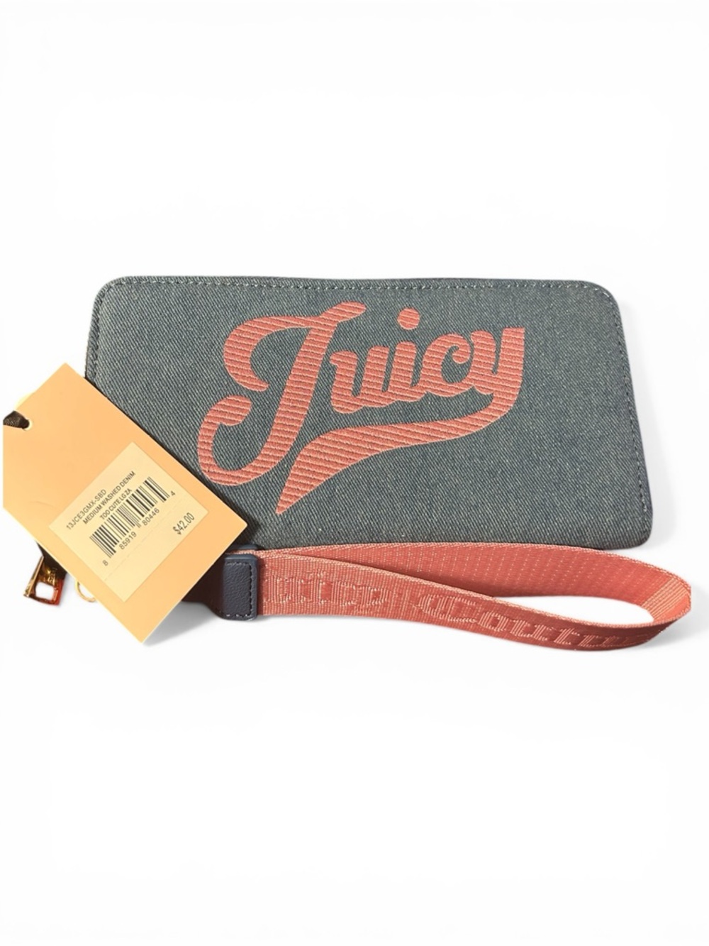 Juicy Couture Denim Wristlet Wallet with Coral Logo and Strap *nwt